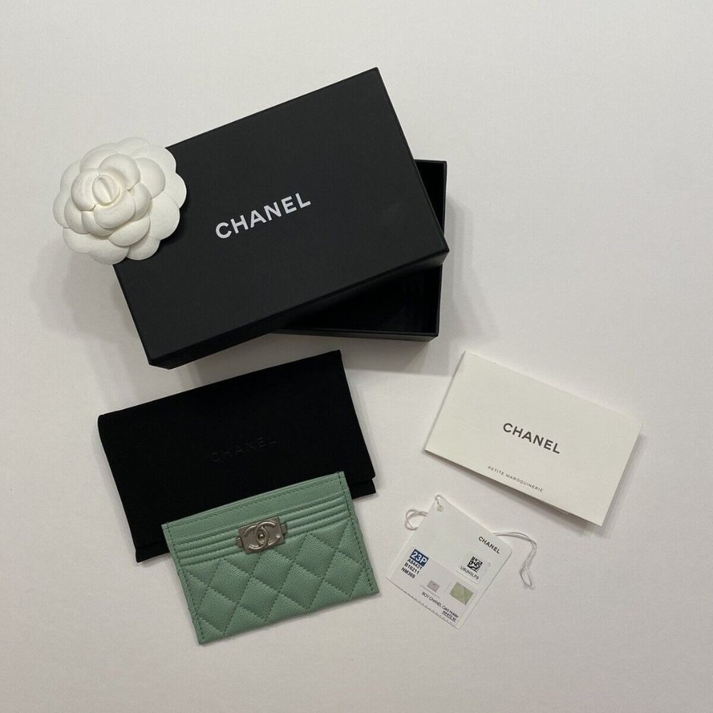 CHANEL Caviar Quilted Boy Sage Green Card Holder Wallet